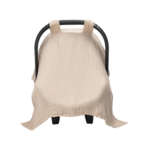 Image of Meracorallo Muslin Baby Car Seat Cover, Lightweight Breathable Soft Infant Carrier Cover Carseat Canopy for Baby Boys and Girls, Beige