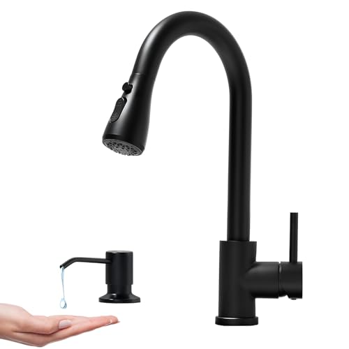 Black kitchen faucet with soap dispenser and 3-mode sprayer
