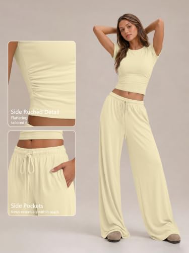 Image of Trendy Queen 2 Piece Matching Summer Lounge Set Womens Side Ruching Top Wide Leg Pants Sets with Pockets