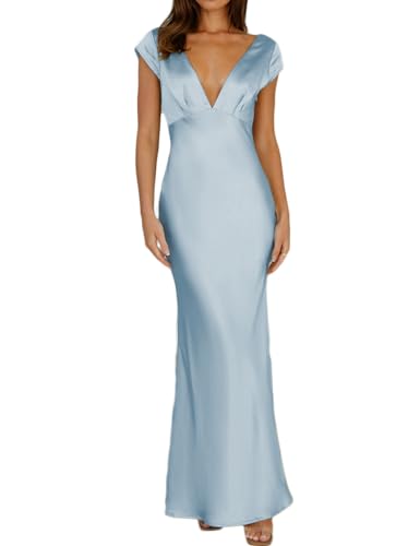 Halfisland Damen-Sommer-Maxikleid aus Satin, V-Ausschnitt, Flügelärmel, rückenfrei, elegant, gedrehter Ausschnitt, Midi-Kleid, Hochzeitsgäste,...