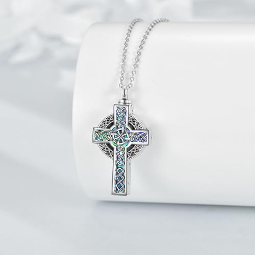 YFN Celtic Cross Urn Necklace Sterling Silver Celtic Knot Ashes Pendant Abalone Shell Cross Cremation Jewelry Gifts for Women Men2
