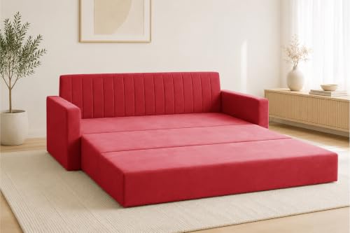 Image of Los Angeles Modern Velvet 3-Seater Sofa Cum Bed with Armrest, Multipurpose Convertible Sleeper Couch Sofa for Living Room, Bedroom & Office- Red Color