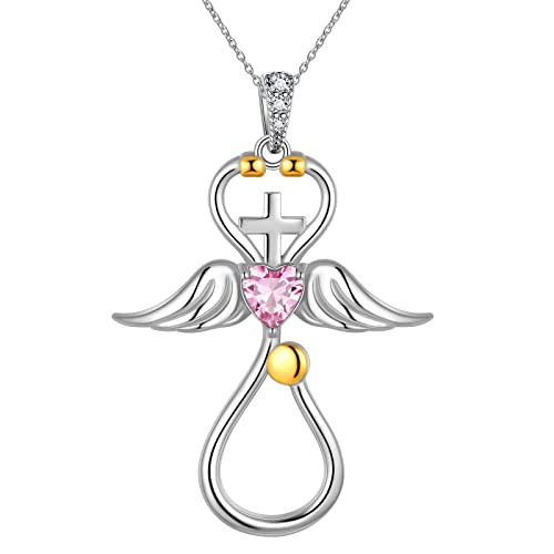 Collar de enfermera para mujeres y niñas de oro de 18 quilates de plata de ley 925, collar de estetoscopio con corazón de piedra natal, collar de joyería médica, graduaciones, estudiantes de medicina