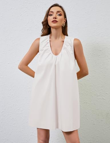 Image of OLAPTA Women Summer Sleeveless Babydoll Mini Tank Dresses Loose Fit Scoop Neck Ruched Short Dress with Pockets Party Clubwear