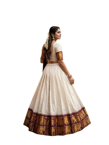 ZITON Traditional Kerala Half Saree Lehenga, Off-White with Maroo...