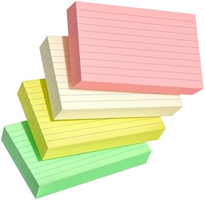 200 PCS Colored Index Cards 3x5, Ruled Index Cards, Flash Cards for Studying, Heavy Note Cards for Office, Home and School，Light Red/Green/Yellow/Beige 4 Colors, 50 PCS of Each Color