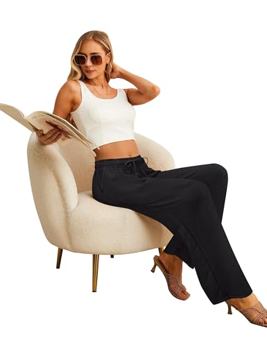 Womens Wide Leg Palazzo Pants Dressy Casual Lounge Baggy Pant Summer Travel Loose Drawstring Elastic Waist Trouser with Pockets Black XXL4