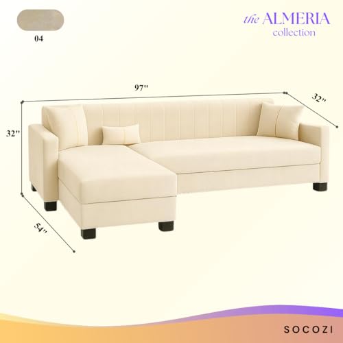 Image of SOCOZI Almeria 5 Seater LHS L Shape Sofa Set | Soft Velvet Suede Fabric | Modern Design | Plush Comfort Cushions for Living Room (Cream)