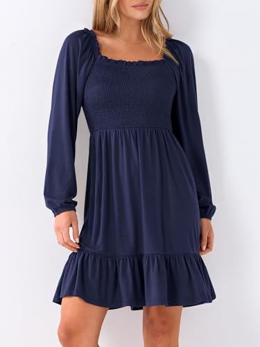 ANRABESS Womens Long Lantern Sleeve Square Neck Dress Smocked Tiered High Waist Ruffle Flowy Swing 2025 Fall Short Dresses3