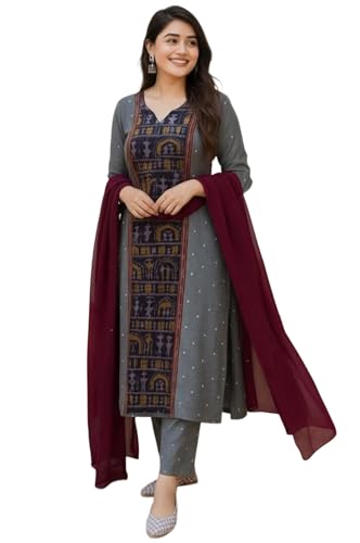 Image of ANNI Designer Women's Rayon Viscose Printed Straight Kurta with Pant and Dupatta | Stylish Ethnic Wear Set for Women | Casual, Festive & Office Wear Kurti Set