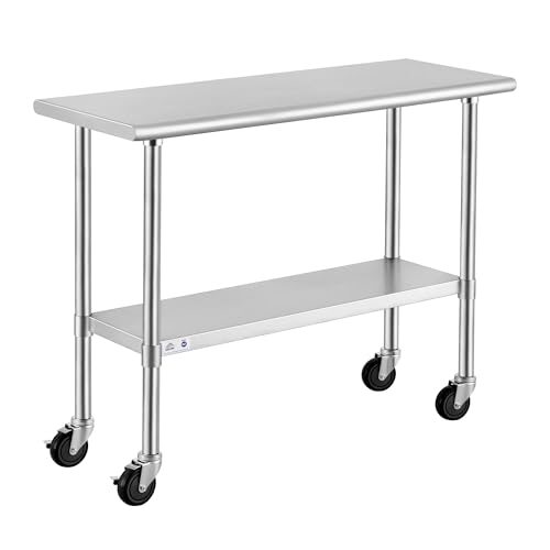Image of ROCKPOINT Stainless Steel Table for Prep & Work with Caster Wheels 18x48 Inches, NSF Metal Commercial Kitchen Heavy Duty Table with Adjustable Under Shelf and Table Foot for Restaurant, Home and Hotel
