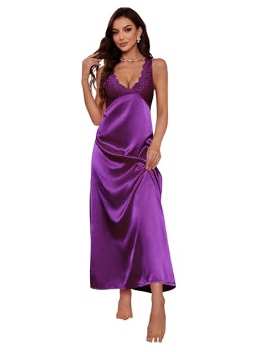 Image of WDIRARA Women's Satin Sleepwear Nightgown | Lace, Backless, Deep V Neck, Sleeveless, Long