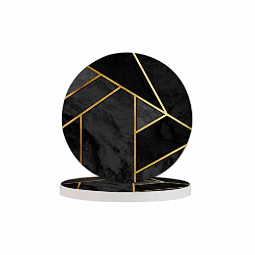 Pznen Modern Stylish Geometric Drink Coaster for Tabletop Protection Black Triangle Patchwork Collage Gold Line Luxury Polygon Non-Slip Cups Place Mats Home Decor Diatomite Material for Men Women
