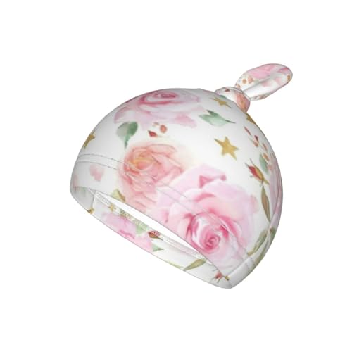 Image of Pink Floral and Gold Stars Swaddle Blanket with Beanie Hat Set Newborn Swaddle Wrap Soft Baby Receiving Blankets Baby Swaddle Blanket for Baby Boys and Girls