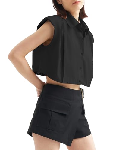 Tankaneo Womens Sleeveless Button Down Shirts Casual Loose V Neck Pad Shoulder Crop Tank Top3