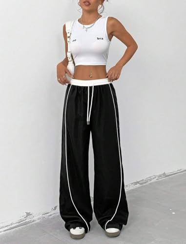 ZAFUL Womens Parachute Pants Y2K Wide Leg Cargo Sweatpants Drawstring Waist Jogger Pants with Pockets3