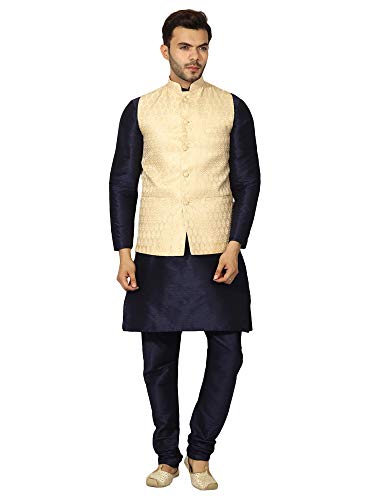 Image of Uri and MacKenzie Men's Silk Blend Regular Kurta Churidar Pyjama with Bundi Nehru Jacket /Waistcoat