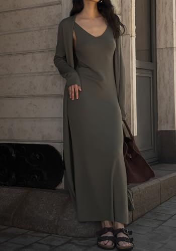 Tcremisa Women's Fall 2 Piece Outfits Knit Long Sleeve Cardigan Pullover Sweater Maxi Dress Set Winter Matching Sets2