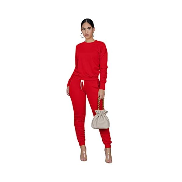 Two-Pieces-Outfits-for-Womens-Solid-Sweatsuit-Long-Sleeve-Tights-Long-Pants-Sport-Suits-Tracksuits Sweatsuits Set Womens 2 Pieces Outfit for Sportswear Tracksuits Long Sleeve Pullover Drawstring Sweatpants With Pocket (Red,S)