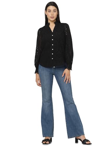 Image of VERO Moda Women's Cotton Mandarin Collar Solid Regular Fit Shirt | Schiffli Design Shirt for Women