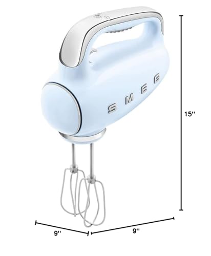 Image of SMEG Pastel Blue 50's Retro Style Electric Hand Mixer with Set of Beaters, Set of Dough Hooks and Set of Whisks
