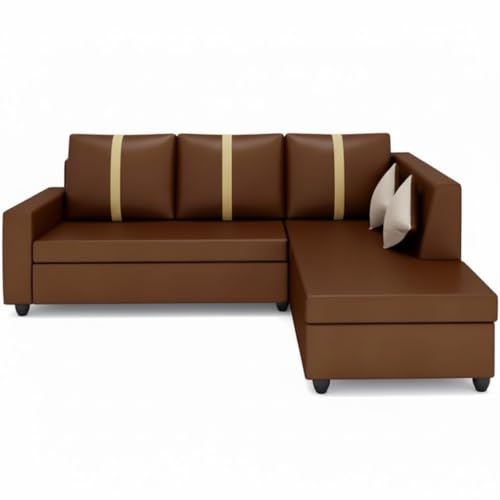 Image of FURNY Nathanoy 4 Seater Leatherette RHS L Shape Sofa Set (Brown) Premium Finish | Ideal for Living Rooms