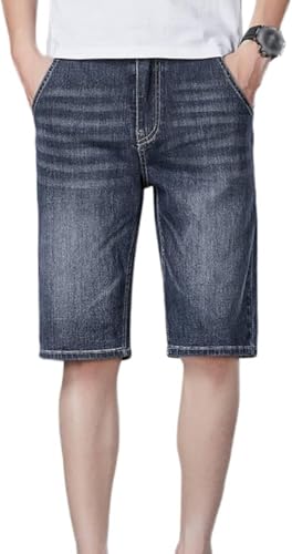 Men's Elastic Waist Loose Denim Shorts Classic Straight Leg Shorts Jeans Casual Washed Work Shorts