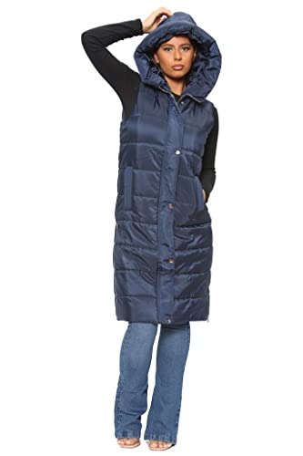 Parsa Fashions WOMENS LADIES LONG LINE HOODED PUFFER GILET JACKET COAT PADDED VEST TOP BODY WARMER Sizes Small to 3XL (as8, alpha, one_size, regular, regular, Navy, S)