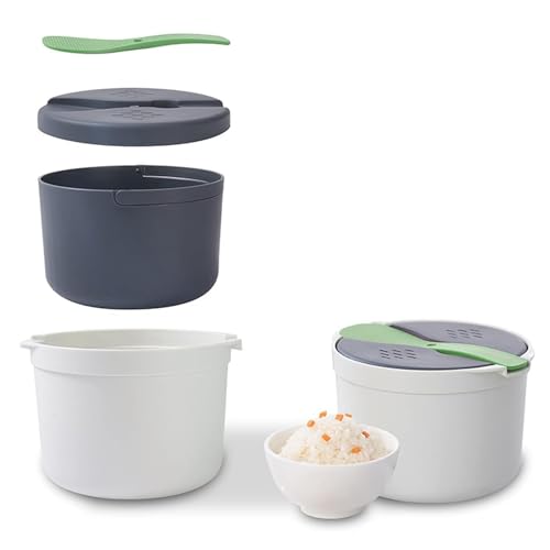 KISABAER Cuiseur à riz micro-ondes, cuiseur vapeur 2 L avec cuillère à riz, cuiseur à pâtes avec passoire, passe au lave-vaisselle, cuiseur vapeur micro-ondes pour pâtes, pommes de terre, légumes (A)
