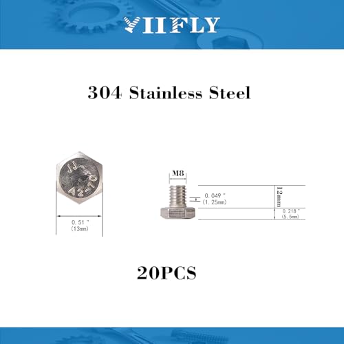 Image of M8x1.25 x 12mm Hex Head Screws Bolts, 304 Stainless Steel (A2-70), Bright Finish, Fully Threaded, Hexagon Head Bolts, Quantity 20