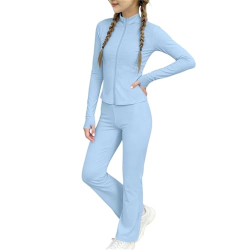 Yoga Bekleidungssets für Mädchen Modisch Sportanzug Set Langarm Jogginganzug mit Reißverschluss Daumenloch Kinder Sommer Outfit Sport Jacke mit Schlaghose Atmungsaktive Kleidung für Laufen Fitness