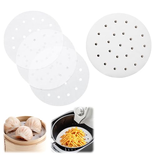 Papel de vapor redondo desechable con agujeros, forro de vapor de bambú, forros de vapor para freidora de aire, 100 piezas (blanco, 11 pulgadas)