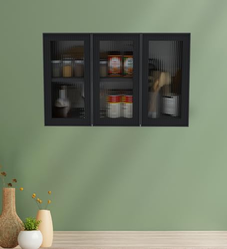 Image of SPECIALITY PANELS Aluminium Black Profile 3 Door Wall Cabinet | Fluted Glass Handless Shutters | Wall Mounted Kitchen Storage Cupboard | Space Saving Multipurpose Storage Unit | DIY Assembly