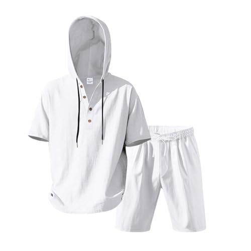 Ensemble lin homme décontracté ensemble deux pièces à capuche manches courtes