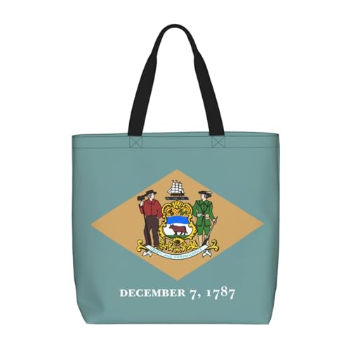 Flag Of Delaware Print Tote Bags, Large Capacity Zipper Shoulder Bag, For Shopping, Work, Daily