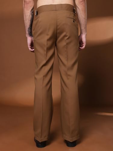 Image of Mens Beige Gurkha Pants with Classic Buckle Closure Premium Casual Bell Bottom Trousers for Men High Waist Pleated Formal & Casual Wear Pant Stylish Retro Flared Bottom Pant