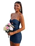 LANGKAAO Women's Navy Blue Satin Homecoming Dresses for Teens Strapless Bodycon Cut Out Short Cocktail Party Prom Ball Gowns Size 0
