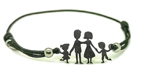 Bracciale famiglia family elastico con sagoma famiglia 1 BIMBO E 1 BIMBA in acciaio inossidabile, regolabile. Handmade, realizzato a mano,