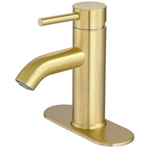Brushed Gold Bathroom Faucets, Modern Single Hole Lavatory Vanity Faucet, Single Handle Bathroom Sink,Faucet, Faucet for Bathroom Sink with Deck Plate and Supply Hoses