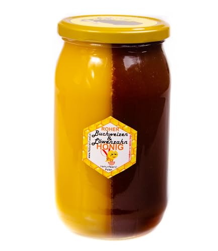 Natural Food – Miel crudo, natural, sin aditivos, sin filtrar, sin calefacción, miel pura, sin procesar, sabor auténtico – 2 en 1 miel de trigo sarraceno y miel de diente de león – 20 x 1,1 kg