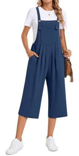 TAOHUADAO Womens Adjustable Jumpsuits Casual Wide Leg Overalls Summer Boho Sleeveless Loose Rompers with Pocket XL, Dark Blue