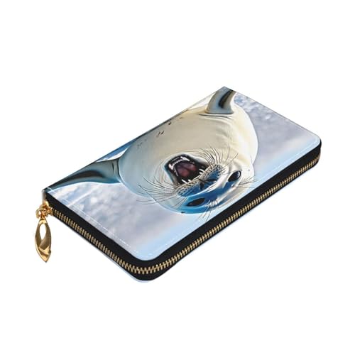 (Harp Seal Painting Wallpaper) Print Women's Long Wallet Clutch with Zipper Multiple Card Slots Coin Pocket Elegant Ladies Purse3