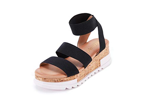 LAICIGO Womenâ€™s Cork Wedge Sandals Platform Elastic Peep Toe Strappy Slip-on Slingback Summer Shoes