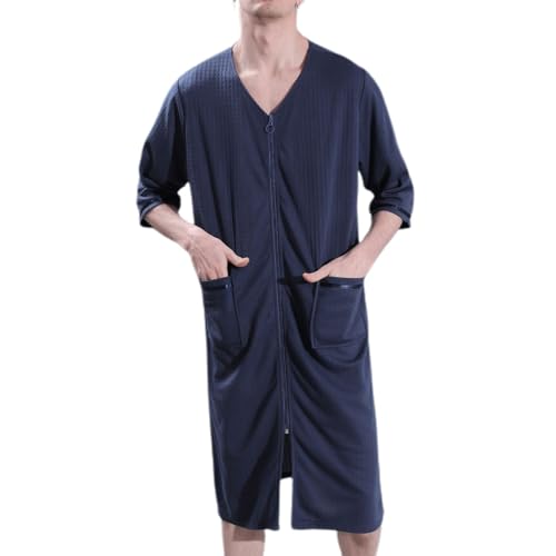 Men's Summer House Coat V Neck Soft Zipper Robe Comfy Knee Length Lounge Sleeping