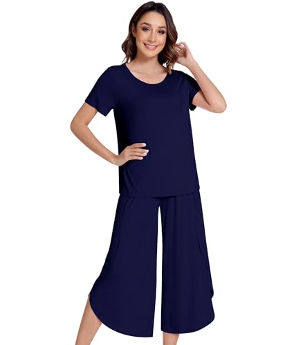 Image of NACHILA Pajamas Set for Women Short Sleeve Sleepwear with Capri Pants Cool Pjs Soft Loungewear,Viscose Made from Bamboo