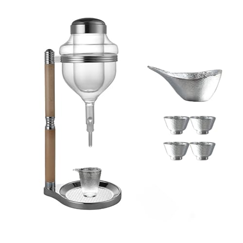 Juego de dispensador de sake estilo goteo con enfriador de vidrio, uso en frío caliente, incluye 4 tazas de sake, servidor de hielo estilo japonés para enfriar y decantar rápidamente