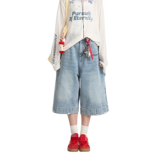 Womens Baggy Cropped Jeans Casual Wide Leg Mid Waisted Vintage Blue Denim Pants Oversized Y2K Boyfriend Streetwear