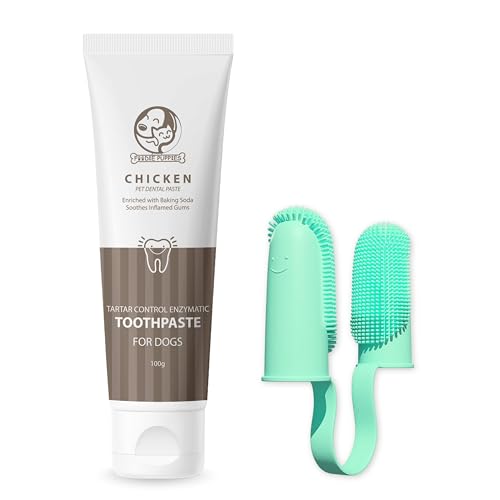 Image of Foodie Puppies Pet Dental Care Combo of Toothbrush and Toothpaste - (Couple Toothbrush + Chicken Toothpaste, 100gm) Enriched with Baking Soda Soothes Inflame Gums and 2in1 Finger brush