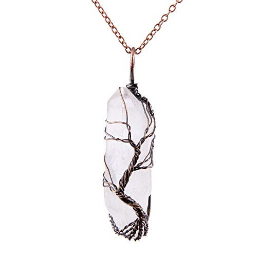 Baum des Lebens Kupferdraht umwickelt Halskette Naturquarz Reiki Heilkristall Punkt Chakra Anhänger Schmuck Geschenk für Frauen (schneeweiße Farbe) Cover