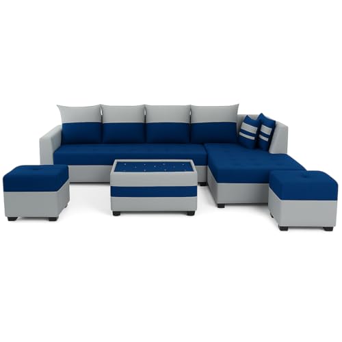 Image of Furny Styleeo 8 Seater Fabric RHS L Shape Sofa Set with 1 Centre Table & 2 Ottoman (Blue-Light Grey) | Soft Velvet Fabric | Modern Design | Comfortable Seating | Living Room Furniture